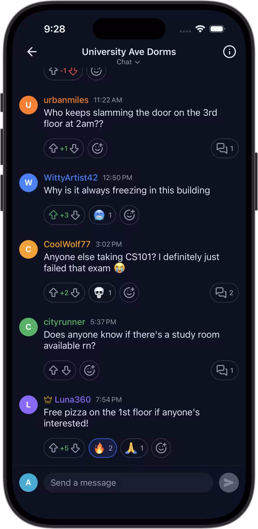 PlaceChat app showing real-time messages at Times Square