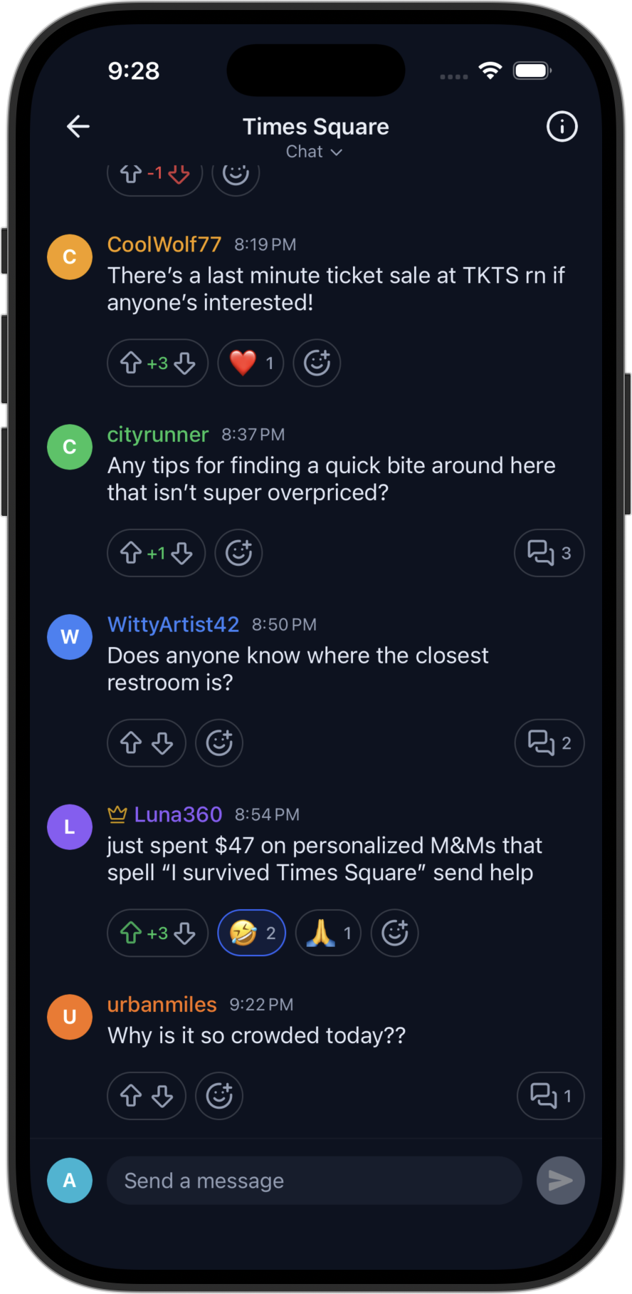 PlaceChat app showing real-time messages at Times Square
