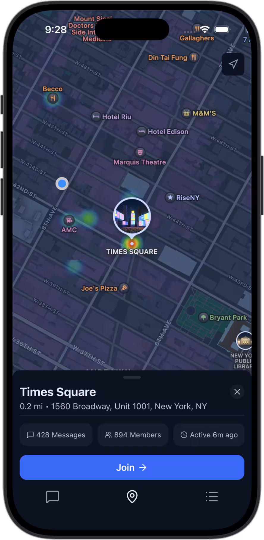 PlaceChat app showing a map where every place is a joinable chat channel