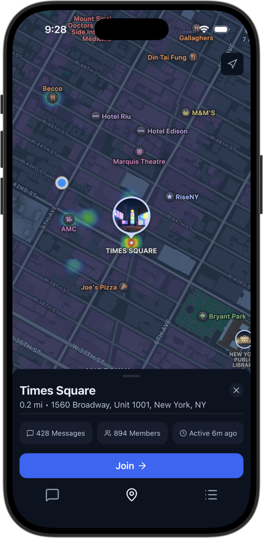 PlaceChat app showing a map where every POI is a joinable chat channel