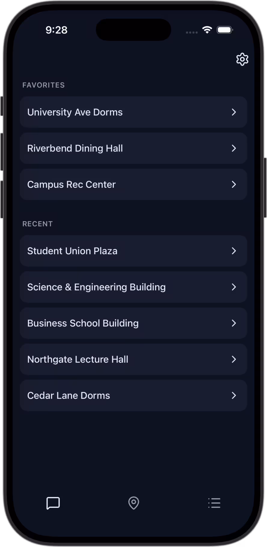 PlaceChat app showing a list of favorite and recent place chat channels