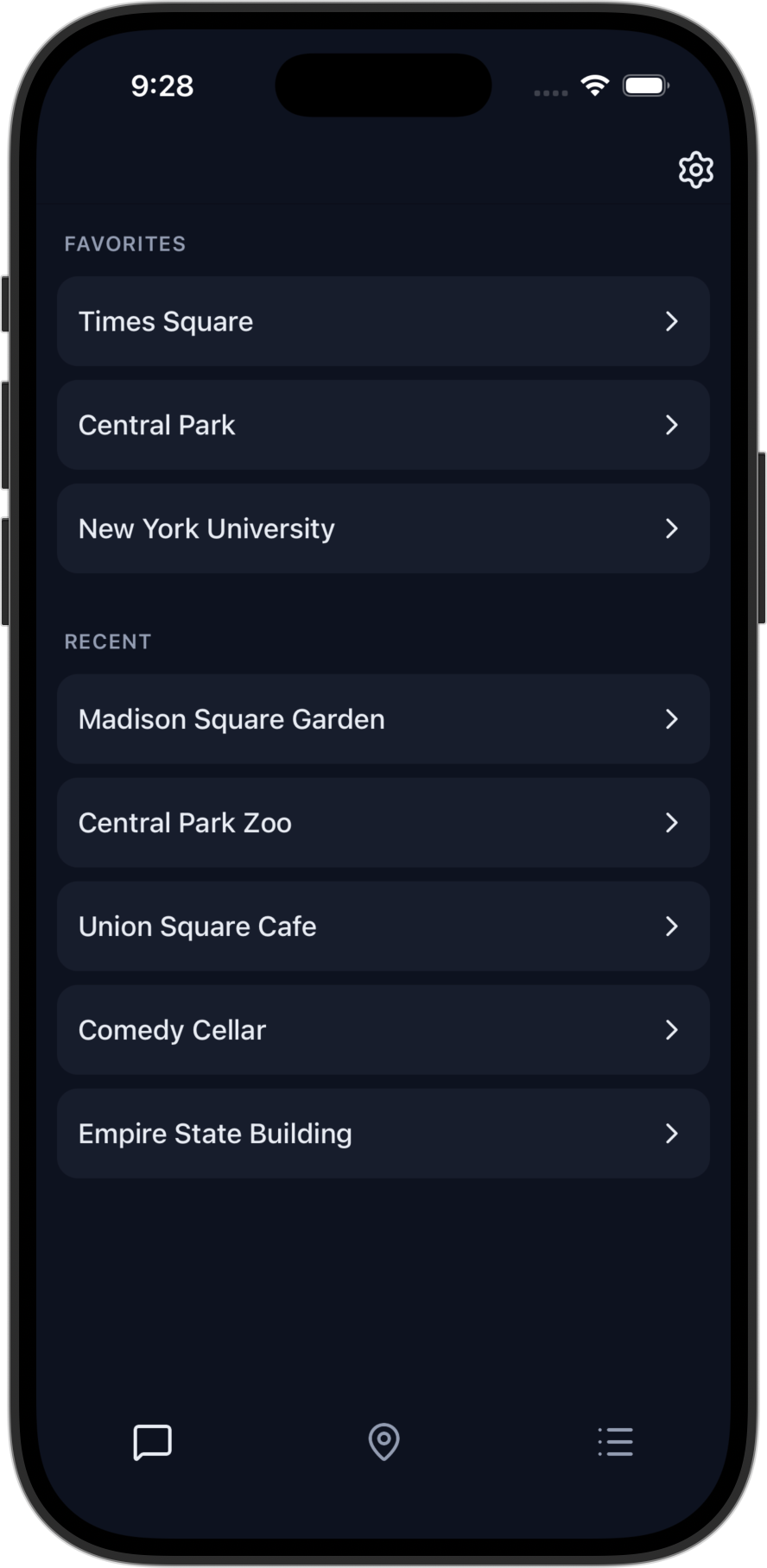 PlaceChat app showing a list of favorite and recent place chat channels