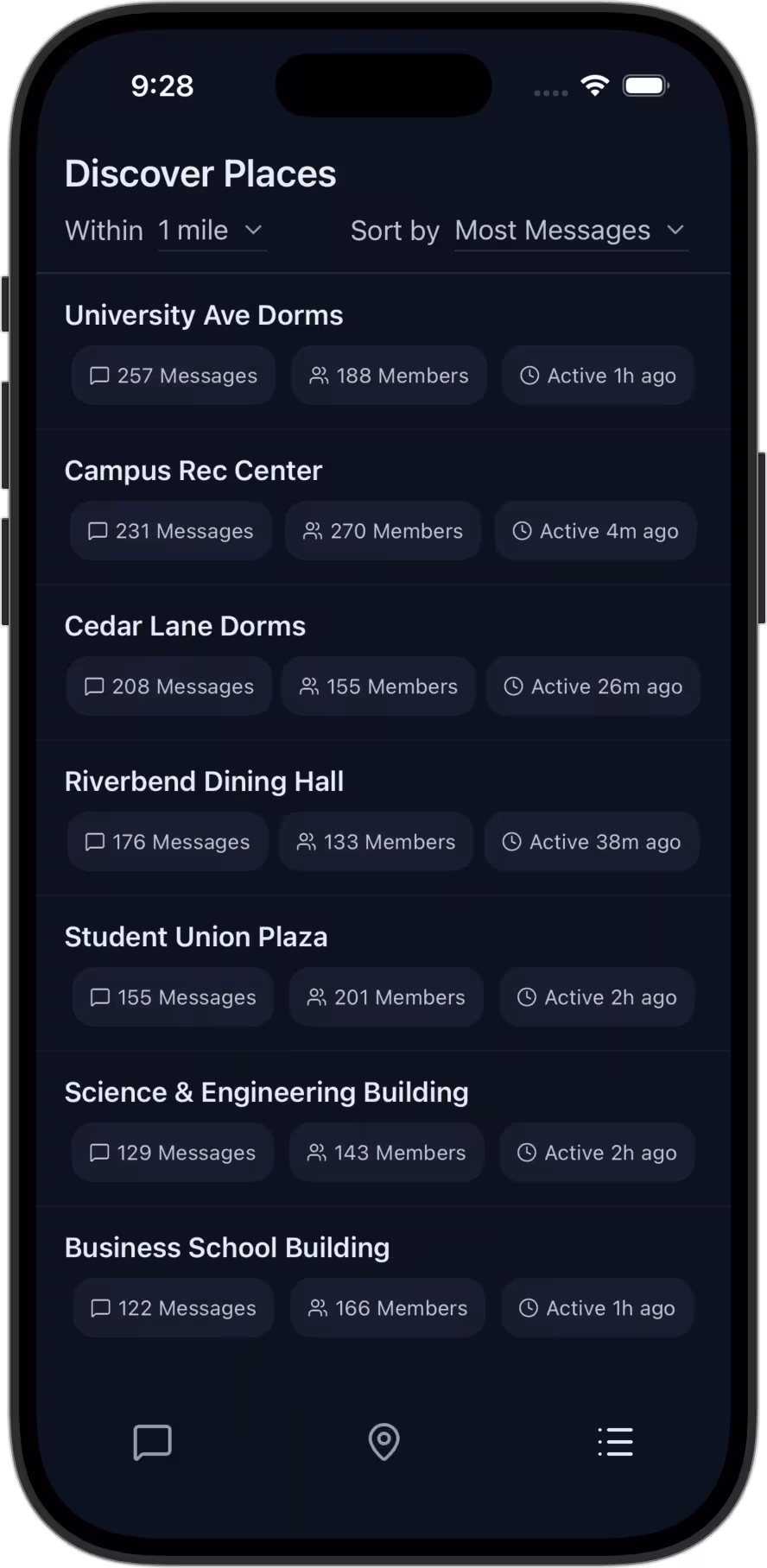 PlaceChat app showing a list of active place chat channels near you