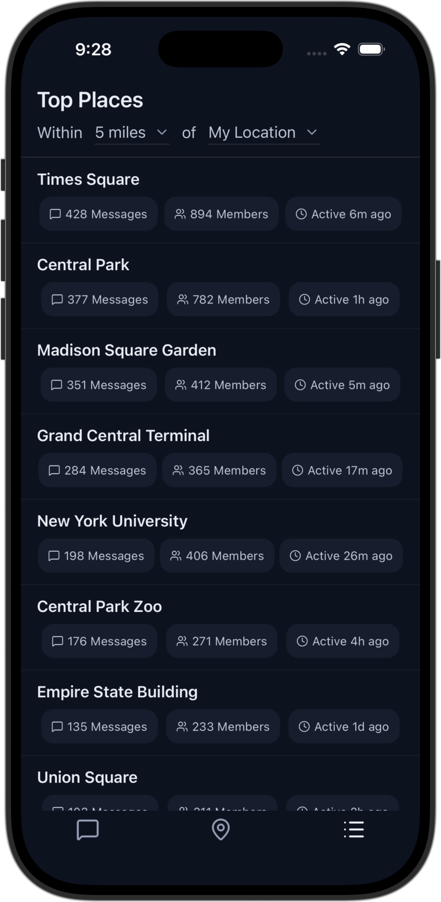 PlaceChat app showing a list of the top (most active) place chat channels near you or around any major city